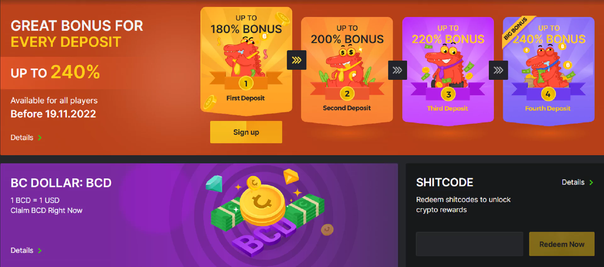 Screenshot of bonuses ans promotions in Bitcoin casino Canada from bc.game website
