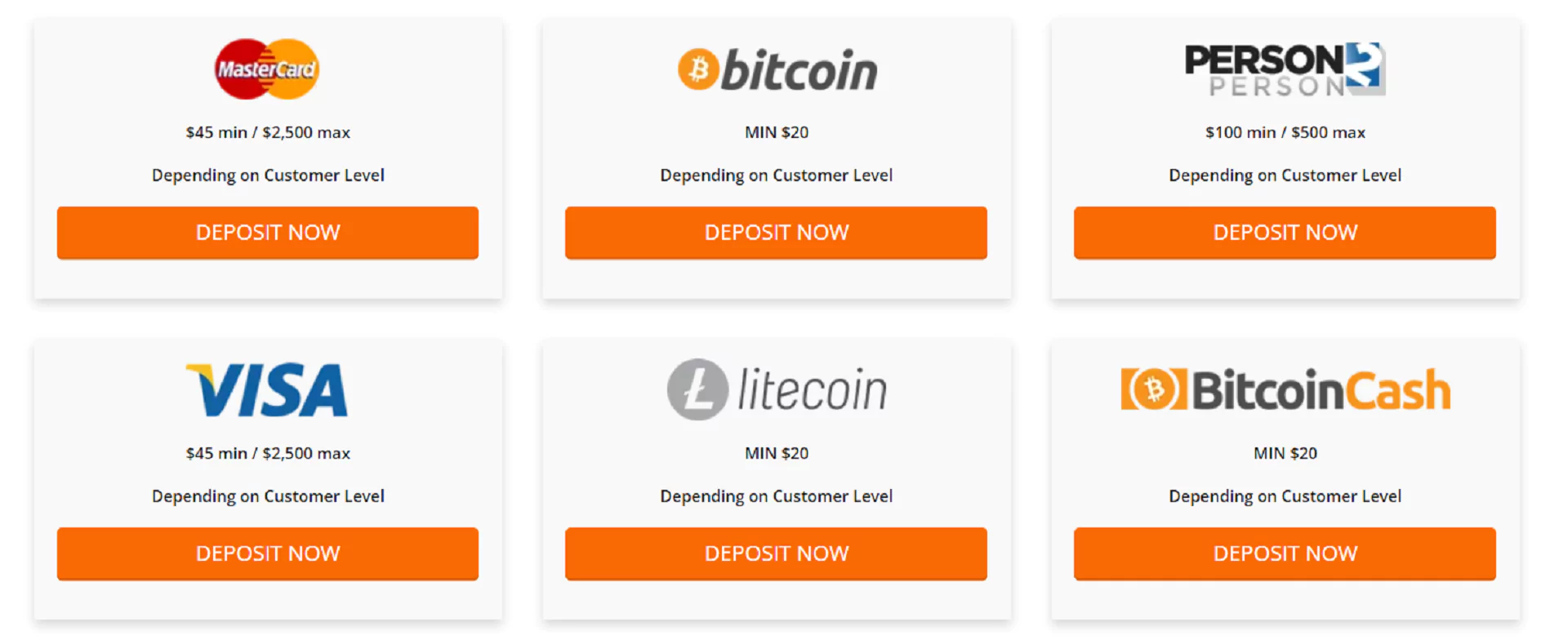 Screenshot of the available deposit methods from Big Spin Casino site