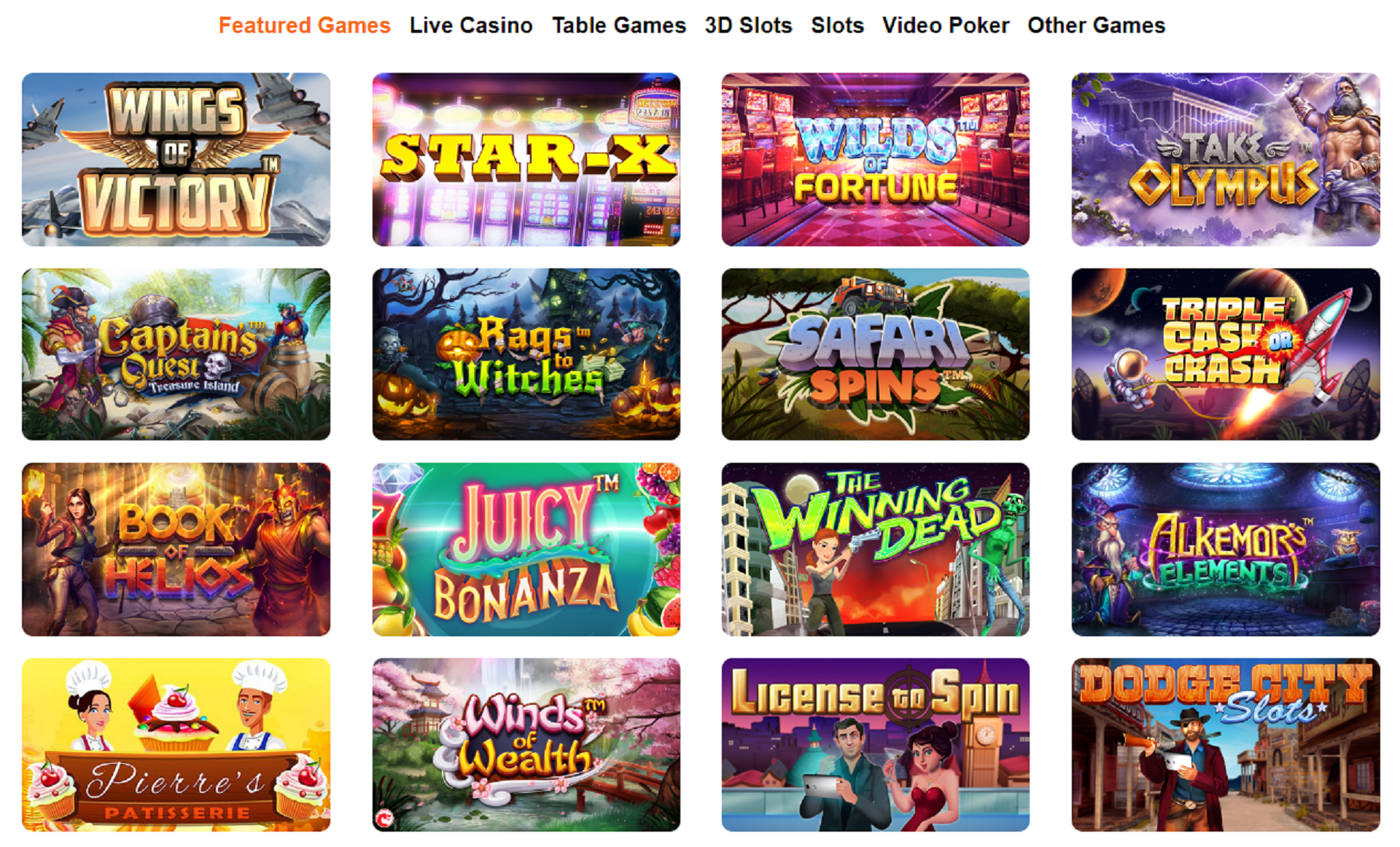Screenshot of games varieties offered at online casino from Big Spin website